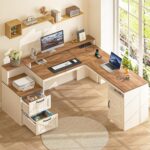 YOMILUVE 63" Farmhouse L Shaped Executive Desk with Drawers & Storage Shelf, Corner Computer Desk with Power Outlets, L Shaped Office Desk with Monitor Stand, Printer Shelf, Antique White - Image 5