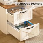 YOMILUVE 63" Farmhouse L Shaped Executive Desk with Drawers & Storage Shelf, Corner Computer Desk with Power Outlets, L Shaped Office Desk with Monitor Stand, Printer Shelf, Antique White - Image 6