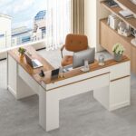 YOMILUVE 63" Farmhouse L Shaped Executive Desk with Drawers & Storage Shelf, Corner Computer Desk with Power Outlets, L Shaped Office Desk with Monitor Stand, Printer Shelf, Antique White - Image 10