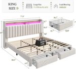 King Bed Frame with LED Lights&Charging Station and 2 Storage Drawers,Fabric Upholstered,Storage Headboard for Apartment Bedroom,Sturdy Wooden Slat Support, Noise-Free, No Box Spring Needed,Beige - Image 3