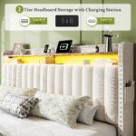 King Bed Frame with LED Lights&Charging Station and 2 Storage Drawers,Fabric Upholstered,Storage Headboard for Apartment Bedroom,Sturdy Wooden Slat Support, Noise-Free, No Box Spring Needed,Beige - Image 5