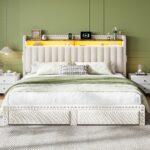 King Bed Frame with LED Lights&Charging Station and 2 Storage Drawers,Fabric Upholstered,Storage Headboard for Apartment Bedroom,Sturdy Wooden Slat Support, Noise-Free, No Box Spring Needed,Beige - Image 6