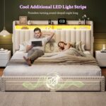 King Bed Frame with LED Lights&Charging Station and 2 Storage Drawers,Fabric Upholstered,Storage Headboard for Apartment Bedroom,Sturdy Wooden Slat Support, Noise-Free, No Box Spring Needed,Beige - Image 9