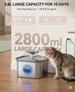 Stainless Steel Cat Water Fountain, 2.8L with 20dB Ultra-Quiet Pump- Ideal for Timid Pets, LED Water Level Window, Dishwasher Safe, 24/7 Circulation- Includes 3 Replacement Filters - Image 8