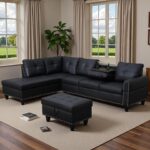 97.5" L Shaped Couch Set, Modular Sectional Couches for Living Room with Storage Ottoman, 4 Seat Home Sofa Living Room Furniture Sets with Chaise for Apartment Office (Leather, Black) - Image 6