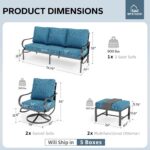 MFSTUDIO 5 Pieces Patio Conversation Sets,Outdoor Metal Furniture Sofas with 1 x 3-Seat Sofa, 2 x Swivel Chairs,2 x Ottoman,Wrought Iron Frame with Peacock Blue Cushion for Patio Courtyard Balcony - Image 3