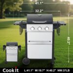 Cookit BBQ Propane Gas Grill, Stainless Steel Patio Garden Barbecue Grill with Flodable Side Tables & Easy-Clean Grease Management (3-Burner) - Image 3