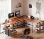 Furologee 66” L Shaped Desk with Power Outlet, Reversible Home Office Desk with File Drawer, 2 Monitor Stands, Storage Shelves, Corner Computer Table for Gaming, Writing, Rustic Brown - Image 3