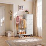 Romorgniz 3-in-1 Dresser with Hanging Rack, 4 Fabric Drawers with Double Clothes Rack & Wheels, Tall Closet Organizer Dresser for Bedroom, Entryway, White, 15.8" D x 29.9" W x 47.3" H - Image 7
