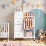 Romorgniz 3-in-1 Dresser with Hanging Rack, 4 Fabric Drawers with Double Clothes Rack & Wheels, Tall Closet Organizer Dresser for Bedroom, Entryway, White, 15.8" D x 29.9" W x 47.3" H - Image 8