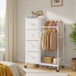 Romorgniz 3-in-1 Dresser with Hanging Rack, 4 Fabric Drawers with Double Clothes Rack & Wheels, Tall Closet Organizer Dresser for Bedroom, Entryway, White, 15.8" D x 29.9" W x 47.3" H - Image 9
