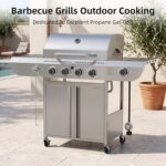 COWSAR 4-Burner Gas Grill, 42000 BTU BBQ Grill, Stainless Steel Barbecue Grill with Side Burner, Enameled Cast Iron Grill, Pull-Out Oil Tray, Suitable For Outdoor, Backyard Barbecues - Image 9