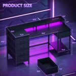 Korfile 47 Inch Gaming Desk with Power Outlets and LED Lights, Reversible Computer Desk with 5 Fabric Storage Drawers, Home Office Desk with Monitor Stand for Working Writing Study, Black - Image 3