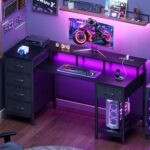 Korfile 47 Inch Gaming Desk with Power Outlets and LED Lights, Reversible Computer Desk with 5 Fabric Storage Drawers, Home Office Desk with Monitor Stand for Working Writing Study, Black - Image 4