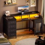 Korfile 47 Inch Gaming Desk with Power Outlets and LED Lights, Reversible Computer Desk with 5 Fabric Storage Drawers, Home Office Desk with Monitor Stand for Working Writing Study, Black - Image 8