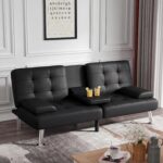 Flamaker Futon Sofa Bed Modern Folding Futon Set Convertible Recliner Lounge for Living Room with 2 Cup Holders, Removable Armrests (PU Leather, Black) - Image 3