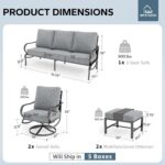 MFSTUDIO 5 Pieces Patio Conversation Sets,Outdoor Metal Furniture Sofas with 1 x 3-Seat Sofa, 2 x Swivel Chairs,2 x Ottoman,Wrought Iron Frame with Grey Cushion for Patio Courtyard Balcony - Image 3