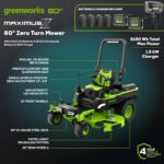 Greenworks 80V 60' Riding Lawn Mower (5.12 Acre, 41 HP Gas Equivalent, 4 MPH, Rear Dump Bed), (2) 16.0Ah + (4) 8.0Ah Batteries (5,120 Wh Max) + Turbo Wall Charger - Image 3