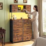 62“H Dresser for Bedroom with Large Drawers,Dressers & Chests of Drawers Featuring LED Light and Charging Ports,Sturdy Fabric Drawers with Open Storage Shelves, Wood Top,Steel Frame(Rustic Brown) - Image 3