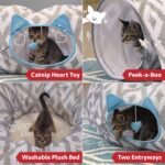 Kitty City Large Cat Tunnel Bed, 2-in-1 Zip-Together Cat Play Tunnel & Plush Nap Bed, Pop-Up Indoor Cat Toy with Hanging Toys, Collapsible Design - White - Image 3