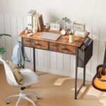 DUMOS 32" Home Office Computer Desk with Drawers, Small Gaming Writing Study Table with Storage Side Bag, Headphone Hook and Adjustable Feet for Bedroom Rustic Brown - Image 5