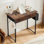 DUMOS 32" Home Office Computer Desk with Drawers, Small Gaming Writing Study Table with Storage Side Bag, Headphone Hook and Adjustable Feet for Bedroom Rustic Brown - Image 6
