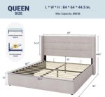 Allewie Queen Size Lift Up Storage Bed, Modern Wingback Headboard, Hydraulic Support, No Box Spring Needed, Light Beige - Image 3