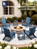 KINGYES Folding Adirondack Chair Set of 2, HDPE All-Weather Patio Chairs with Cup Holder, Wooden Textured Fire Pit Chairs for Poolside, Backyard, Deck, Navy - Image 3