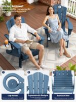 KINGYES Folding Adirondack Chair Set of 2, HDPE All-Weather Patio Chairs with Cup Holder, Wooden Textured Fire Pit Chairs for Poolside, Backyard, Deck, Navy - Image 5