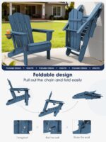 KINGYES Folding Adirondack Chair Set of 2, HDPE All-Weather Patio Chairs with Cup Holder, Wooden Textured Fire Pit Chairs for Poolside, Backyard, Deck, Navy - Image 6