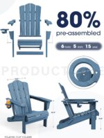 KINGYES Folding Adirondack Chair Set of 2, HDPE All-Weather Patio Chairs with Cup Holder, Wooden Textured Fire Pit Chairs for Poolside, Backyard, Deck, Navy - Image 7