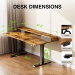 Veken 47.2"×27.6" Standing Desk with Storage Drawers, Adjustable Height Computer Table with Monitor Shelf, Home Office Desk for Study, Gaming, Workstation, Brown - Image 4