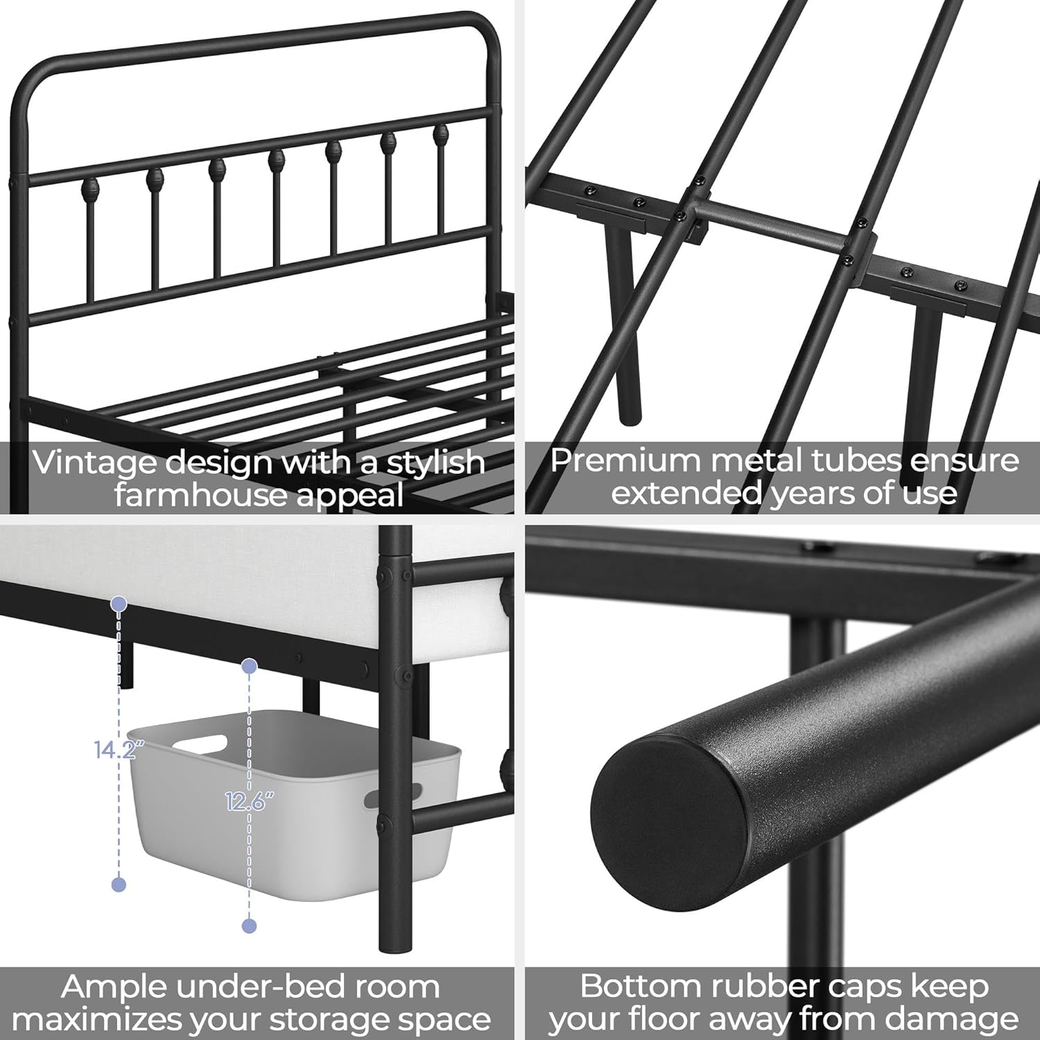 Yaheetech Victorian Vintage Queen Metal Platform Bed Frame, Classic Iron Art Headboard & Footboard, Stable & Noiseless, 12.6 Inch Under Bed Storage, No Box Spring Needed, Easy Assembly, Black - Image 5