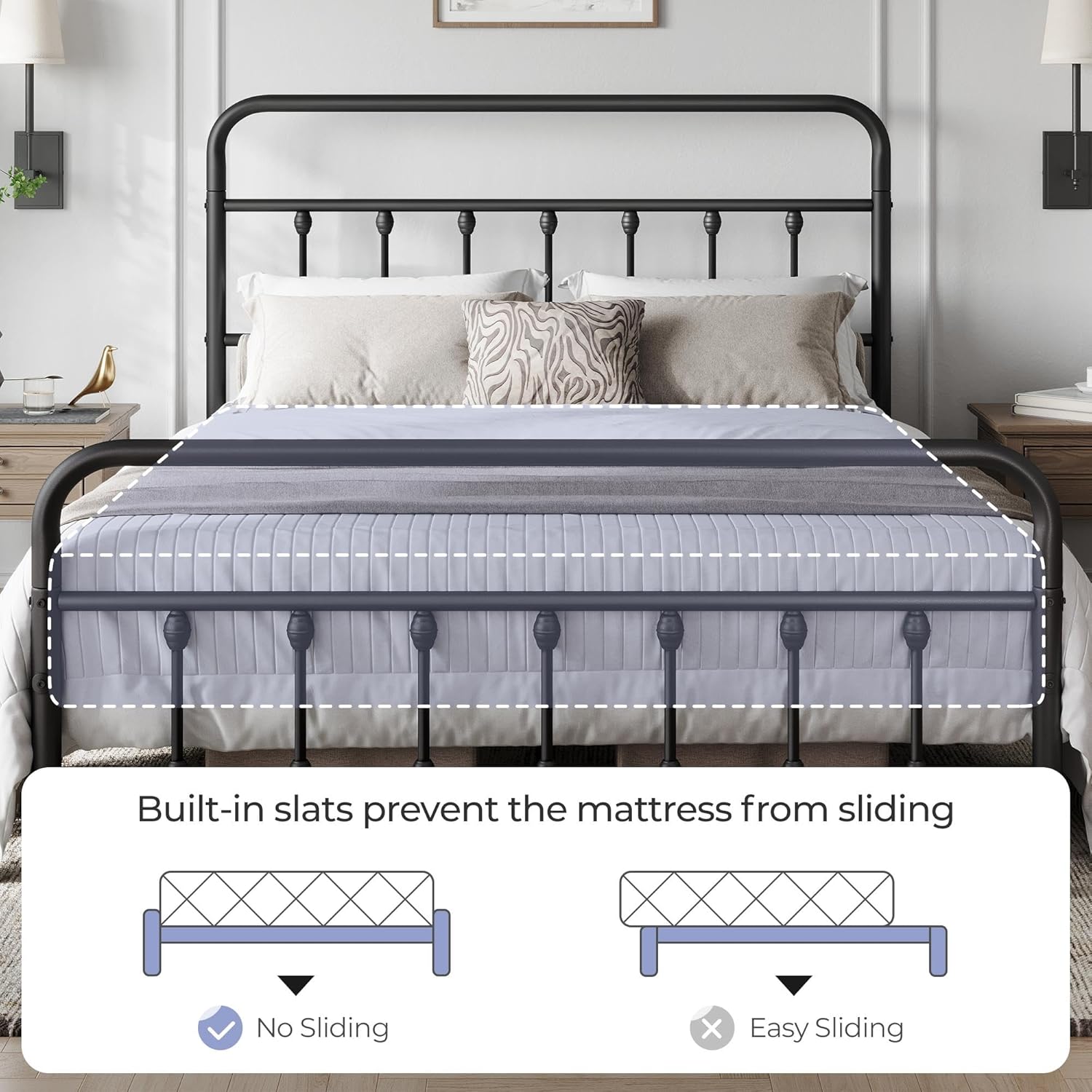 Yaheetech Victorian Vintage Queen Metal Platform Bed Frame, Classic Iron Art Headboard & Footboard, Stable & Noiseless, 12.6 Inch Under Bed Storage, No Box Spring Needed, Easy Assembly, Black - Image 6