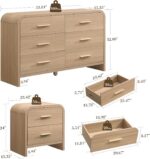 3-Piece Modern Bedroom Furniture Set, 6-Drawer& 2-Drawer Nightstands Set of 2, Unique Curved Design Wooden Dresser and Nightstand Sets for Bedroom, Living Room, Hallway, Oak - Image 3