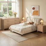 3-Piece Modern Bedroom Furniture Set, 6-Drawer& 2-Drawer Nightstands Set of 2, Unique Curved Design Wooden Dresser and Nightstand Sets for Bedroom, Living Room, Hallway, Oak - Image 4