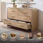 3-Piece Modern Bedroom Furniture Set, 6-Drawer& 2-Drawer Nightstands Set of 2, Unique Curved Design Wooden Dresser and Nightstand Sets for Bedroom, Living Room, Hallway, Oak - Image 6