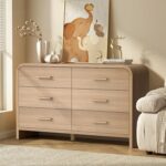 3-Piece Modern Bedroom Furniture Set, 6-Drawer& 2-Drawer Nightstands Set of 2, Unique Curved Design Wooden Dresser and Nightstand Sets for Bedroom, Living Room, Hallway, Oak - Image 7