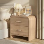 3-Piece Modern Bedroom Furniture Set, 6-Drawer& 2-Drawer Nightstands Set of 2, Unique Curved Design Wooden Dresser and Nightstand Sets for Bedroom, Living Room, Hallway, Oak - Image 8