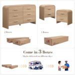 3-Piece Modern Bedroom Furniture Set, 6-Drawer& 2-Drawer Nightstands Set of 2, Unique Curved Design Wooden Dresser and Nightstand Sets for Bedroom, Living Room, Hallway, Oak - Image 10