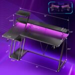 Korfile 40 Inch Gaming Desk with LED Lights & Power Outlet, L Shaped Computer Gaming Table with Storage Shelves, Reversible Corner Desk with Monitor Stand for Home Office, Carbon Fiber Black - Image 3