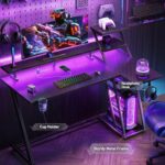Korfile 40 Inch Gaming Desk with LED Lights & Power Outlet, L Shaped Computer Gaming Table with Storage Shelves, Reversible Corner Desk with Monitor Stand for Home Office, Carbon Fiber Black - Image 7