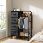 Romorgniz 3-in-1 Dresser with Hanging Rack, 4 Fabric Drawers with Double Clothes Rack & Wheels, Tall Closet Organizer Dresser for Bedroom, Entryway, Black, 15.8" D x 29.9" W x 47.3" H - Image 6
