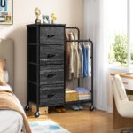 Romorgniz 3-in-1 Dresser with Hanging Rack, 4 Fabric Drawers with Double Clothes Rack & Wheels, Tall Closet Organizer Dresser for Bedroom, Entryway, Black, 15.8" D x 29.9" W x 47.3" H - Image 7