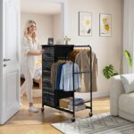 Romorgniz 3-in-1 Dresser with Hanging Rack, 4 Fabric Drawers with Double Clothes Rack & Wheels, Tall Closet Organizer Dresser for Bedroom, Entryway, Black, 15.8" D x 29.9" W x 47.3" H - Image 9