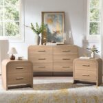 3-Piece Modern Bedroom Furniture Set, 6-Drawer& 2-Drawer Nightstands Set of 2, Unique Curved Design Wooden Dresser and Nightstand Sets for Bedroom, Living Room, Hallway, Oak - Image 2