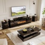 4-Piece Modern Living Room Table Set, Includes High Gloss 70" Fireplace TV Stand, 47" LED Coffee Table and 15" End Tables Set of 2 with Storage Drawers, Black - Image 2