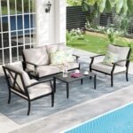 4-Piece Patio Furniture Set, Wider Outdoor Metal Seating Sofa with High Back & Loveseat, Coffee Table, All Weather Metal Conversation Set for Backyard, Poolside, Deck-Beige - Image 2