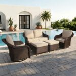 5 Piece Patio Wicker Conversation Set, All-Weather Use Outdoor Wicker Loveseat with 2 PE Rattan Ottomans,2 Swivel Chair, Ideal for Porch, Backyard, Balcony, Poolside, Beige - Image 2