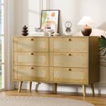 6 Drawer Double Dresser for Bedroom, Natural Rattan Modern Chest with Drawers, Chest of Drawers with Wooden Handles for Bedroom,Living Room,Hallway, Oak - Image 2